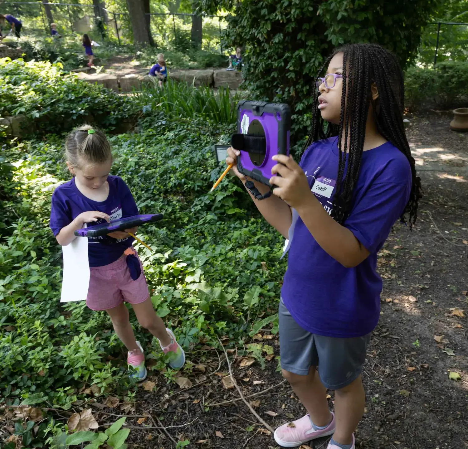 Notre Dame de Sion Summer Camp attendees exploring in woodland.